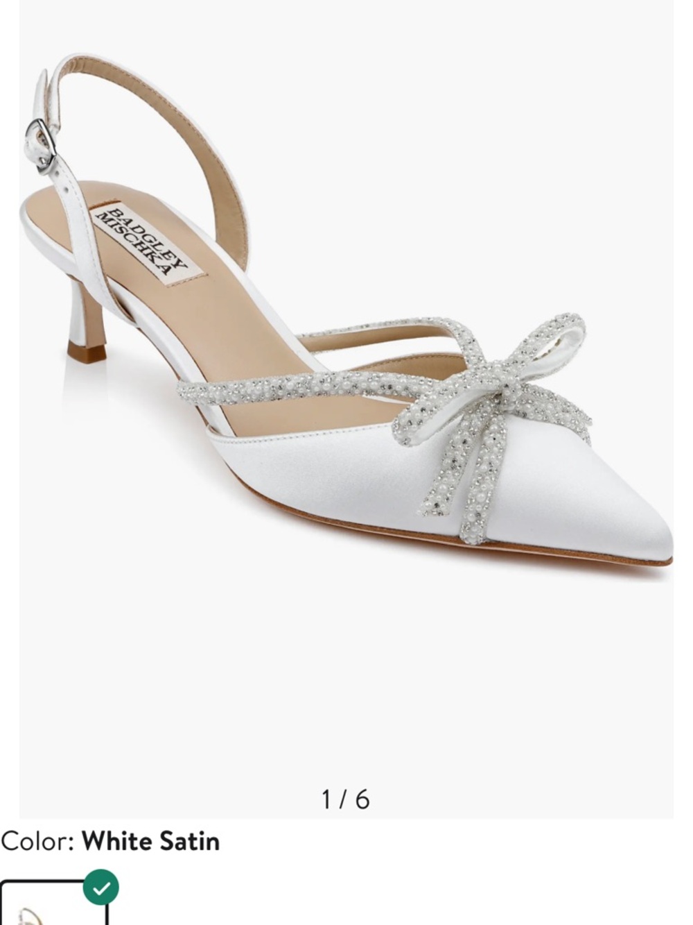 Badgley Mischka White Satin Pointed Slingback Pump with Crystal Bow